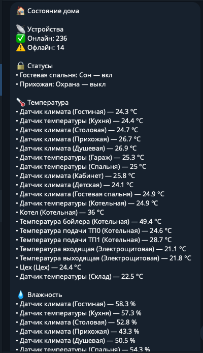 Сводка состояния дома в Telegram-плагине BARY